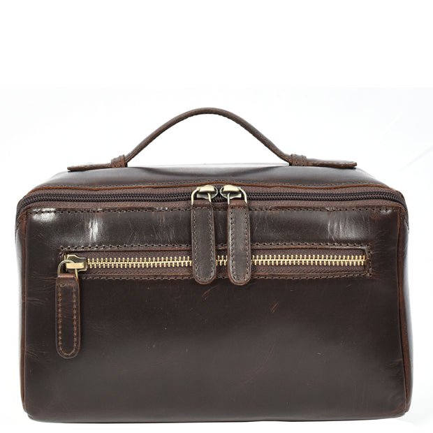 Leather Toiletry Bag Brown Travel Wash Bag, Men's Cosmetic and Shaving Kit Organiser with Multiple Zipped Compartments Unity