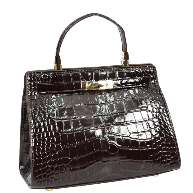 Womens Real Leather Handbag Glossy Embossed Pattern Zip Top Twin Handle Style Ophelia Coffee