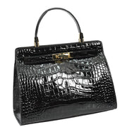 Womens Real Leather Handbag Glossy Embossed Pattern Zip Top Twin Handle Style Ophelia Black