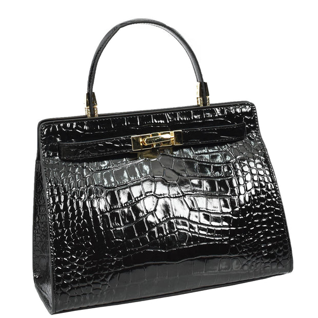 Womens Real Leather Handbag Glossy Embossed Pattern Zip Top Twin Handle Style Ophelia Black