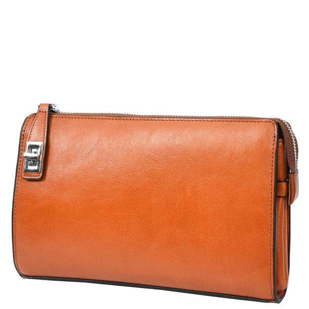 Real Leather Mens Wrist Organiser Zip Top Business Travel Clutch Bag Caba Tan