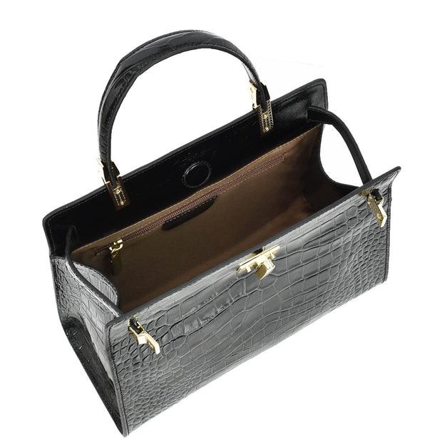 Womens Real Leather Handbag Glossy Embossed Pattern Zip Top Twin Handle Style Ophelia Black