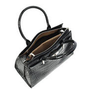 Womens Real Leather Handbag Glossy Embossed Pattern Zip Top Twin Handle Style Perry Black
