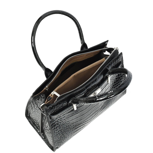 Womens Real Leather Handbag Glossy Embossed Pattern Zip Top Twin Handle Style Perry Black