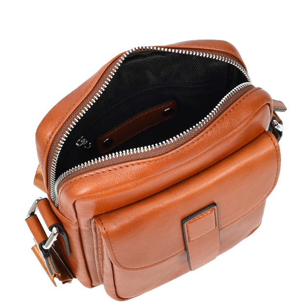 Mens Genuine Leather Cross Body Bag Small Size Flight Messenger Travel Bag Lucky Tan