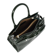 Womens Real Leather Handbag Glossy Embossed Pattern Zip Top Twin Handle Style Perry Green