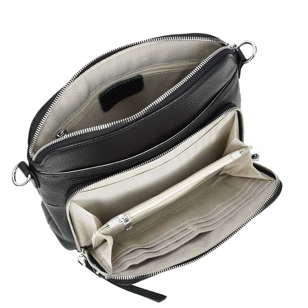 Womens Leather Crossbody Bag Multi-Pocket Shoulder Handbag Slim Sling Messenger June Black