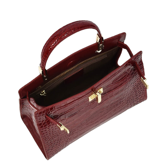 Womens Real Leather Handbag Glossy Embossed Pattern Zip Top Twin Handle Style Ophelia Burgundy