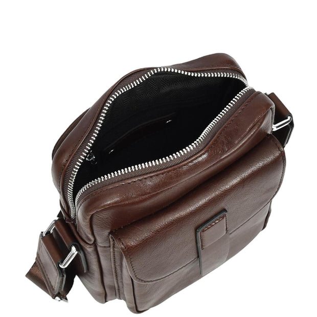 Mens Genuine Leather Cross Body Bag Small Size Flight Messenger Travel Bag Lucky Brown