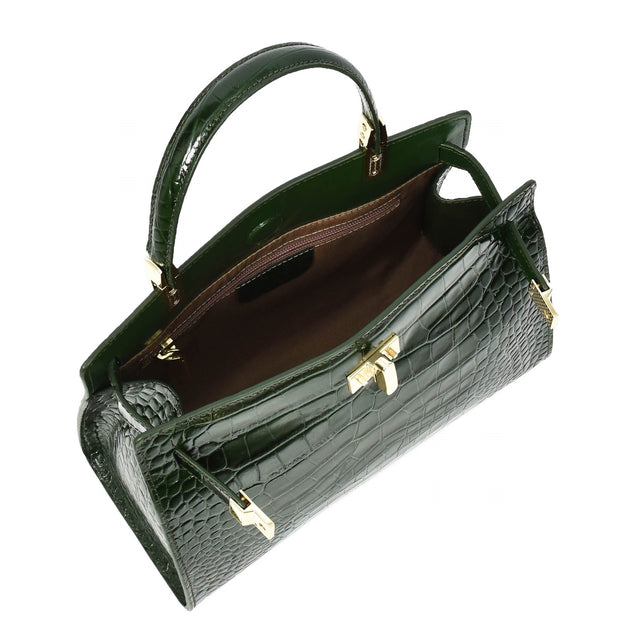 Womens Real Leather Handbag Glossy Embossed Pattern Zip Top Twin Handle Style Ophelia Green
