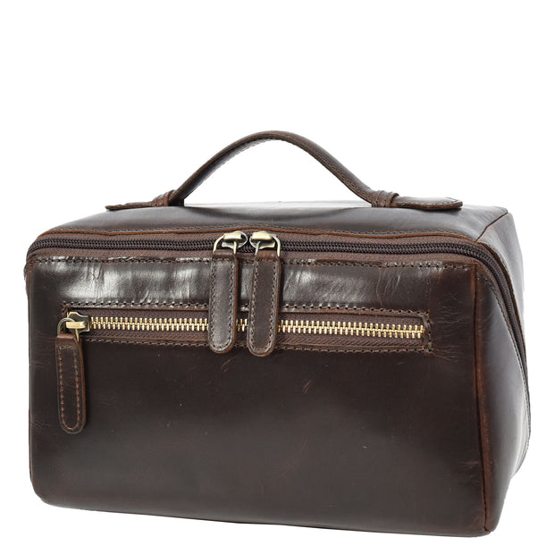 Leather Toiletry Bag Brown Travel Wash Bag, Men's Cosmetic and Shaving Kit Organiser with Multiple Zipped Compartments Unity