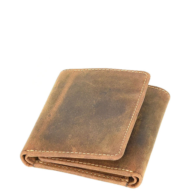 Mens Genuine Leather Tri-fold Wallet RFID Safe Multiple Card Slots ID Window with Gift Box A007 Oil Tan