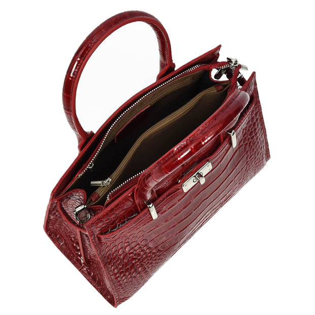 Womens Real Leather Handbag Glossy Embossed Pattern Zip Top Twin Handle Style Perry Red