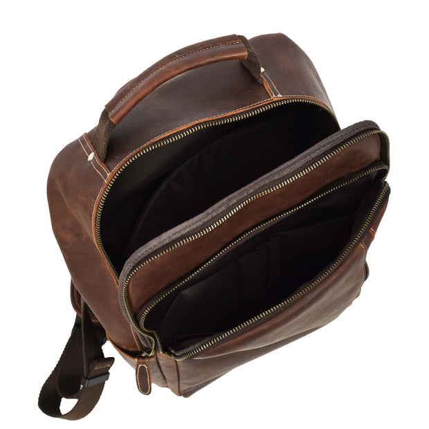 Real Leather Backpack Laptop USB Port Multiple Pockets Rucksack A176 Rust Brown