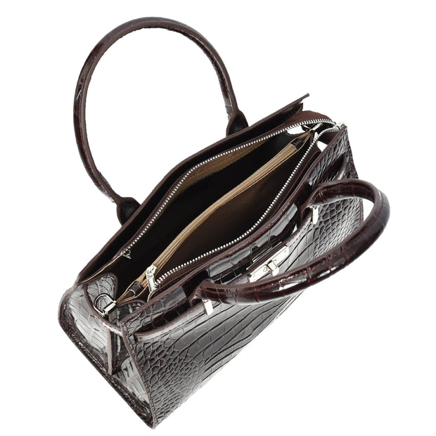 Womens Real Leather Handbag Glossy Embossed Pattern Zip Top Twin Handle Style Perry Coffee