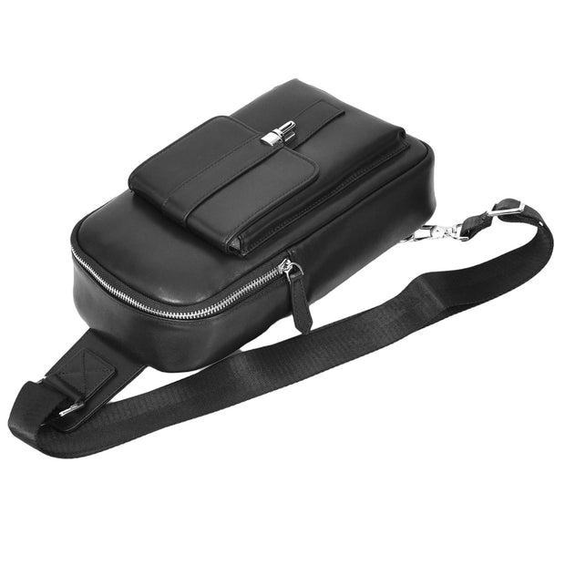 Mens Genuine Leather Medium Size Chest Bag Cross Body Style Sling Bag Smith Black