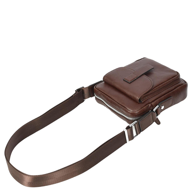 Mens Genuine Leather Cross Body Bag Small Size Flight Messenger Travel Bag Lucky Brown