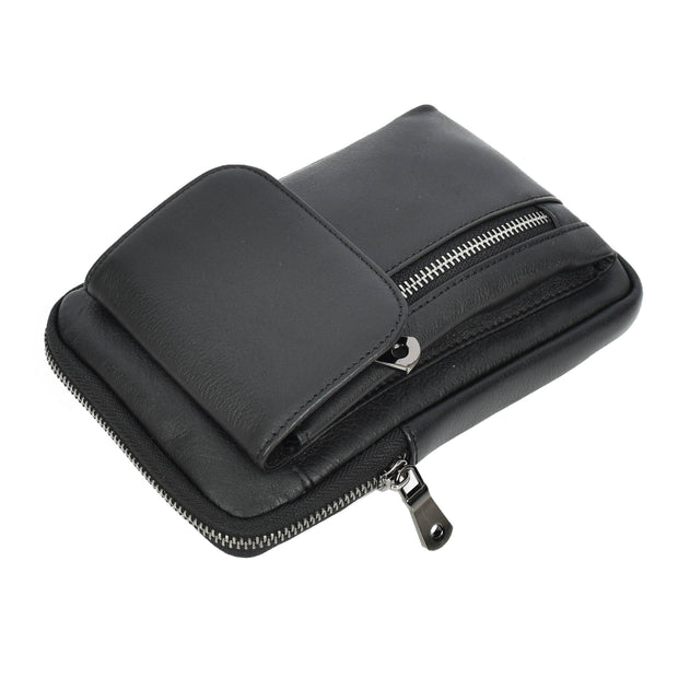 Mens Real Leather Small Wrist Bag Travel Mobile Sling Bag Organiser Pouch AB101 Black