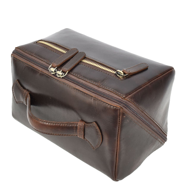 Leather Toiletry Bag Brown Travel Wash Bag, Men's Cosmetic and Shaving Kit Organiser with Multiple Zipped Compartments Unity