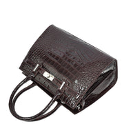Womens Real Leather Handbag Glossy Embossed Pattern Zip Top Twin Handle Style Perry Coffee