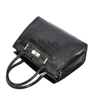 Womens Real Leather Handbag Glossy Embossed Pattern Zip Top Twin Handle Style Perry Black