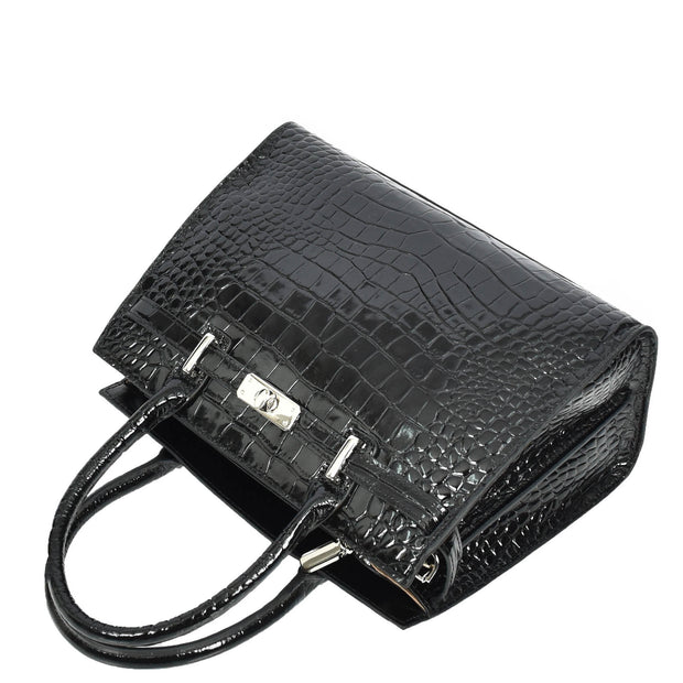 Womens Real Leather Handbag Glossy Embossed Pattern Zip Top Twin Handle Style Perry Black