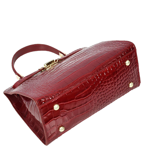 Womens Real Leather Handbag Glossy Embossed Pattern Zip Top Twin Handle Style Ophelia Burgundy