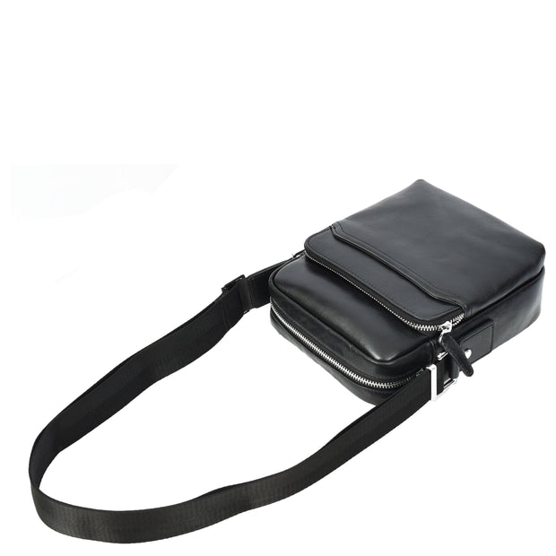 Mens Real Leather Cross Body Bag Small Size Messenger Business Travel Organiser Pouch Baggi Black