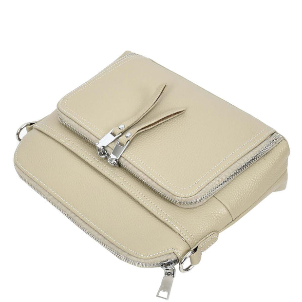 Womens Leather Crossbody Bag Multi-Pocket Shoulder Handbag Slim Sling Messenger June Taupe
