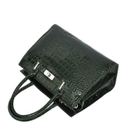 Womens Real Leather Handbag Glossy Embossed Pattern Zip Top Twin Handle Style Perry Green