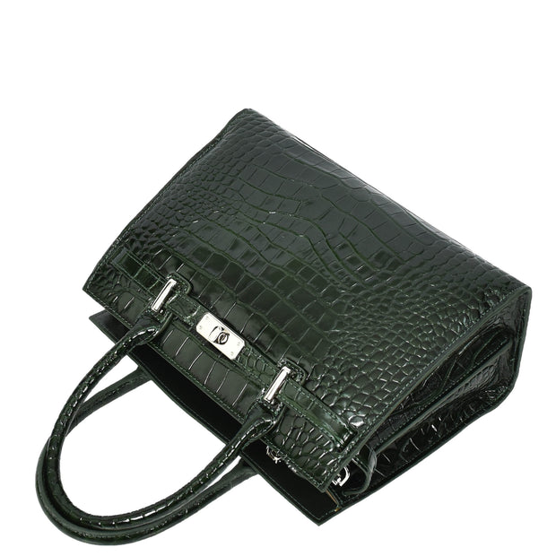 Womens Real Leather Handbag Glossy Embossed Pattern Zip Top Twin Handle Style Perry Green