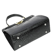 Womens Real Leather Handbag Glossy Embossed Pattern Zip Top Twin Handle Style Ophelia Black