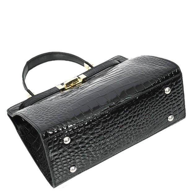 Womens Real Leather Handbag Glossy Embossed Pattern Zip Top Twin Handle Style Ophelia Black
