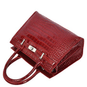 Womens Real Leather Handbag Glossy Embossed Pattern Zip Top Twin Handle Style Perry Red