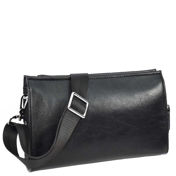 Mens Leather Wrist Clutch Bag Travel Organiser with Detachable Long Strap Murse Black