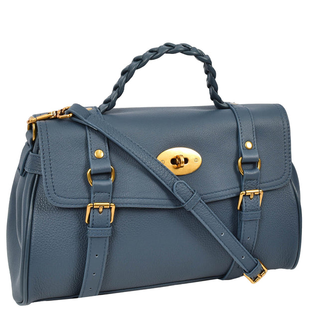 Womens Leather Handbag Top Handle Satchel with Braided Handle Casual Fashion Bag Swag Navy