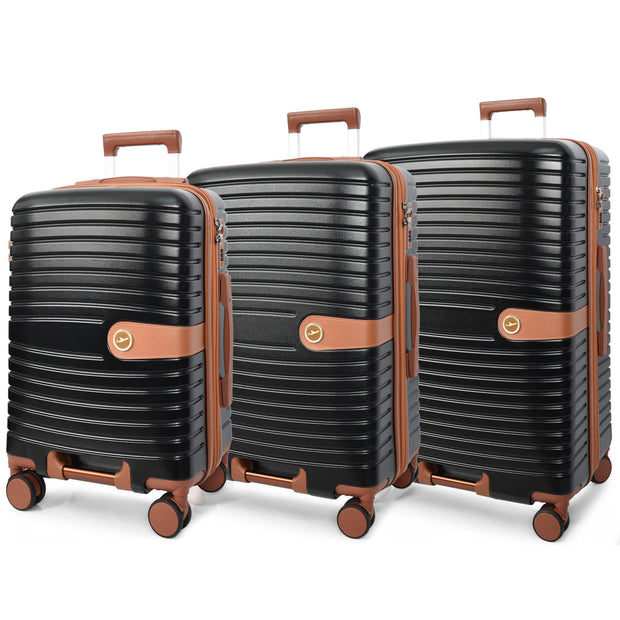 Hard Shell Suitcase with 4 Wheels Expandable Lightweight Travel Luggage with Brown Trim Digit Lock Jetpack Black