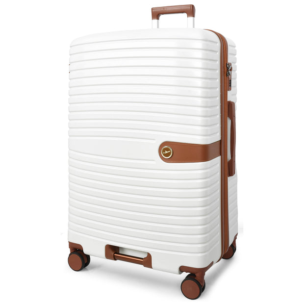 Hard Shell Suitcase with 4 Wheels Expandable Lightweight Travel Luggage with Brown Trim Digit Lock Jetpack White