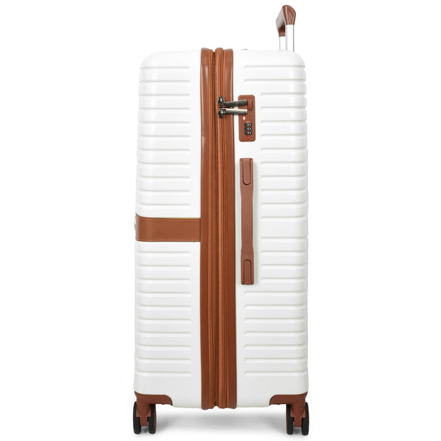 Hard Shell Suitcase with 4 Wheels Expandable Lightweight Travel Luggage with Brown Trim Digit Lock Jetpack White