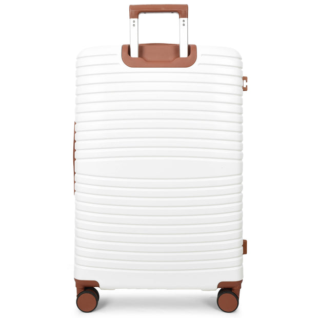 Hard Shell Suitcase with 4 Wheels Expandable Lightweight Travel Luggage with Brown Trim Digit Lock Jetpack White