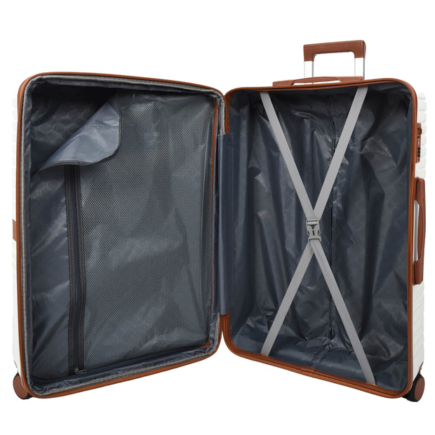 Hard Shell Suitcase with 4 Wheels Expandable Lightweight Travel Luggage with Brown Trim Digit Lock Jetpack White