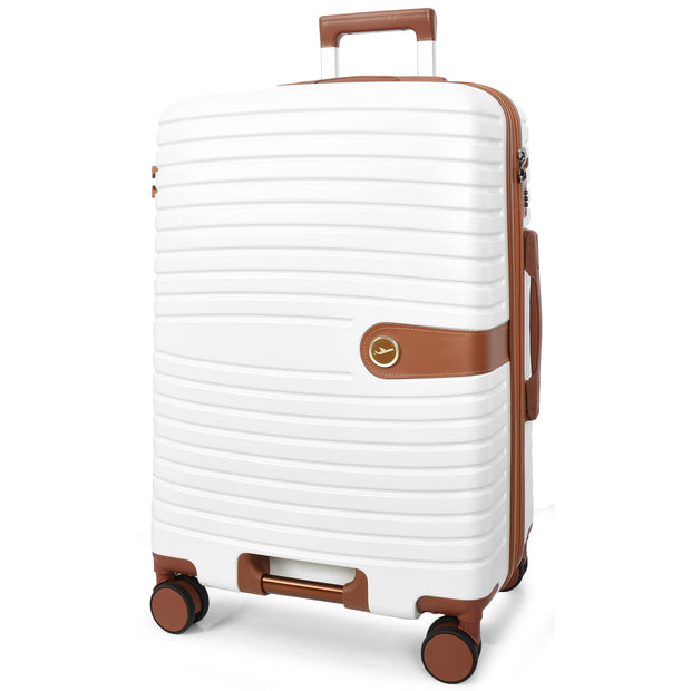 Hard Shell Suitcase with 4 Wheels Expandable Lightweight Travel Luggage with Brown Trim Digit Lock Jetpack White