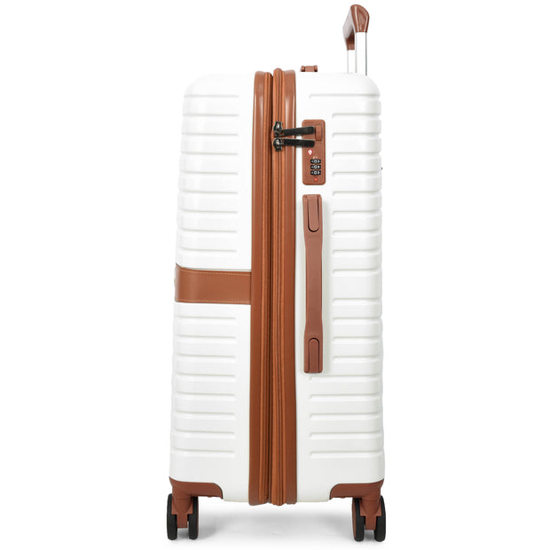Hard Shell Suitcase with 4 Wheels Expandable Lightweight Travel Luggage with Brown Trim Digit Lock Jetpack White