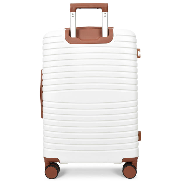 Hard Shell Suitcase with 4 Wheels Expandable Lightweight Travel Luggage with Brown Trim Digit Lock Jetpack White