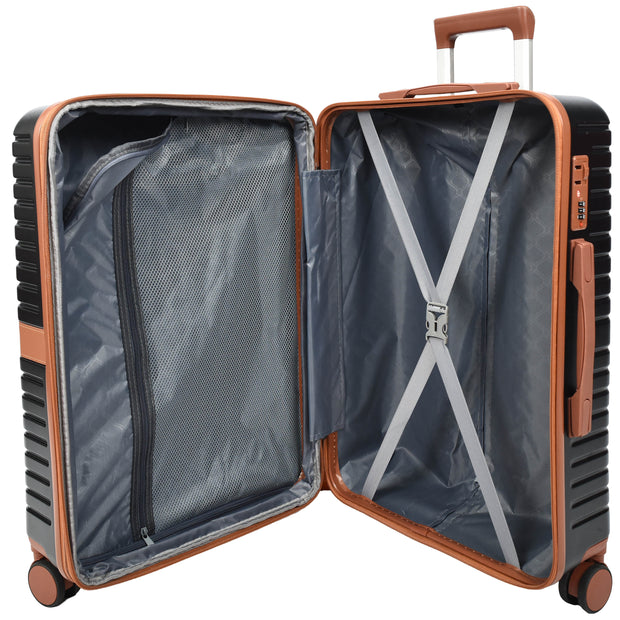 Hard Shell Suitcase with 4 Wheels Expandable Lightweight Travel Luggage with Brown Trim Digit Lock Jetpack Black