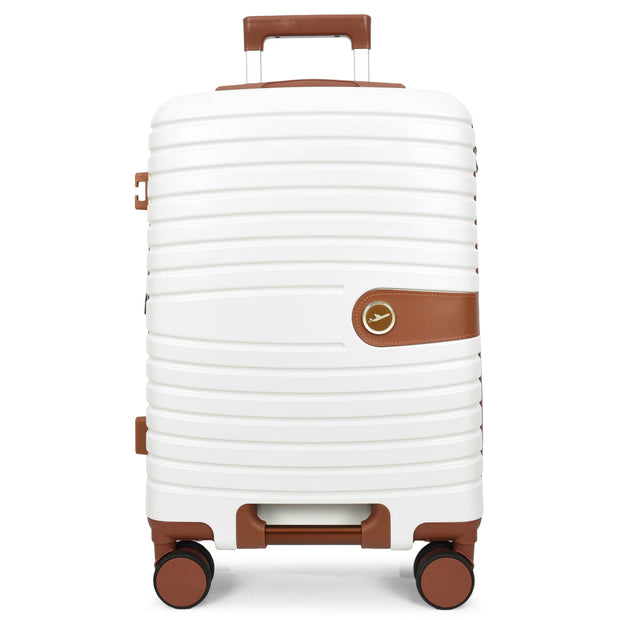 Hard Shell Suitcase with 4 Wheels Expandable Lightweight Travel Luggage with Brown Trim Digit Lock Jetpack White
