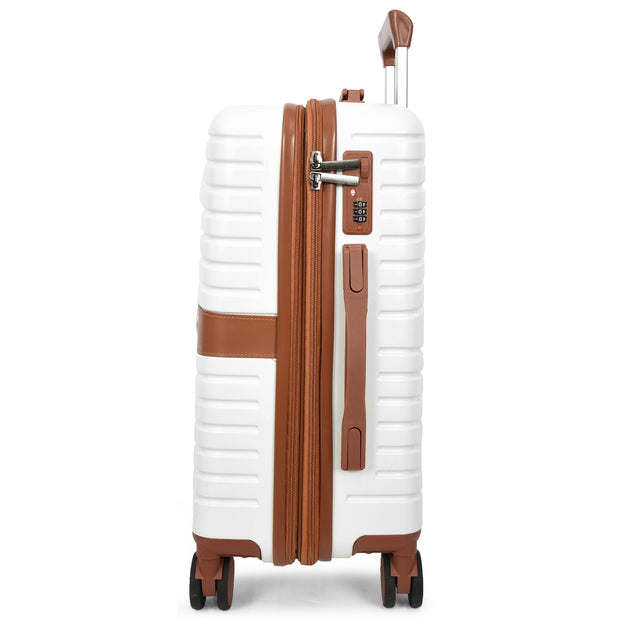Hard Shell Suitcase with 4 Wheels Expandable Lightweight Travel Luggage with Brown Trim Digit Lock Jetpack White