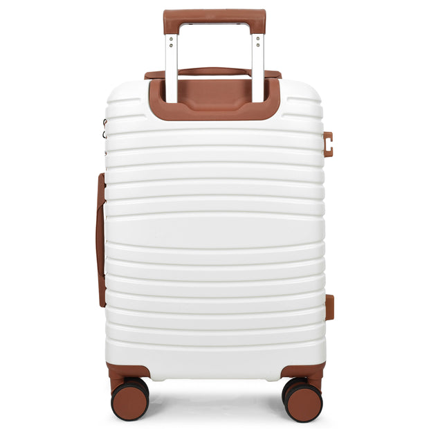 Hard Shell Suitcase with 4 Wheels Expandable Lightweight Travel Luggage with Brown Trim Digit Lock Jetpack White