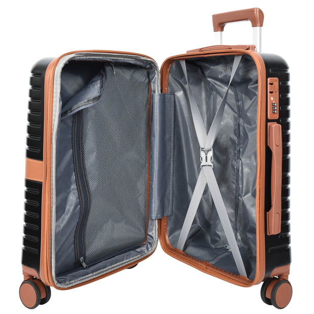Hard Shell Suitcase with 4 Wheels Expandable Lightweight Travel Luggage with Brown Trim Digit Lock Jetpack Black
