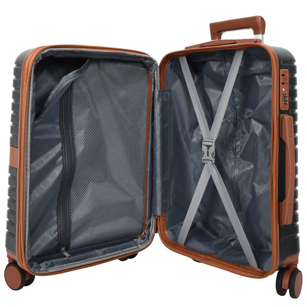 Hard Shell Suitcase with 4 Wheels Expandable Lightweight Travel Luggage with Brown Trim Digit Lock Jetpack Grey